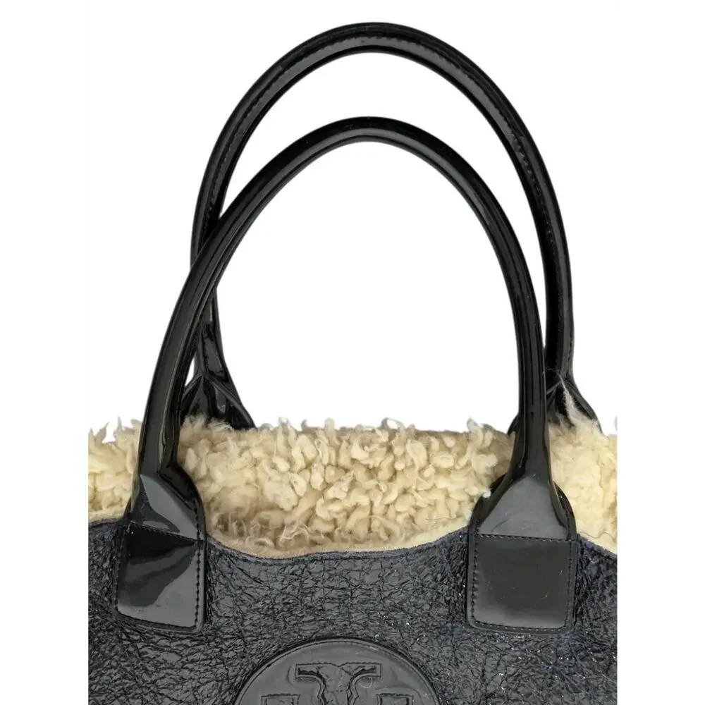 Tory Burch Black Shearling Tote Patent Leather Logo Large Shoulder Bag